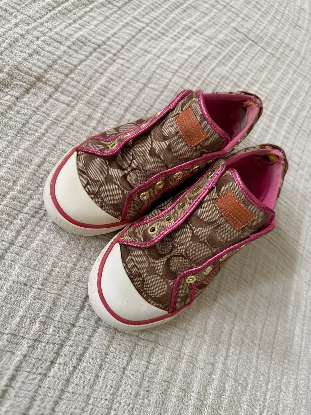 Coach Brown Signature Canvas Sneakers with Pink Accents